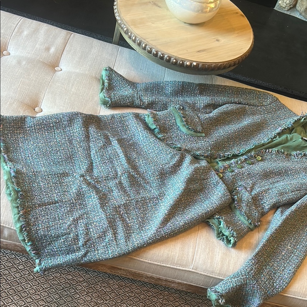 Lillie Rubin Teal Tweed Two Piece Skirt Blazer Set Size 2 - Picture 2 of 15